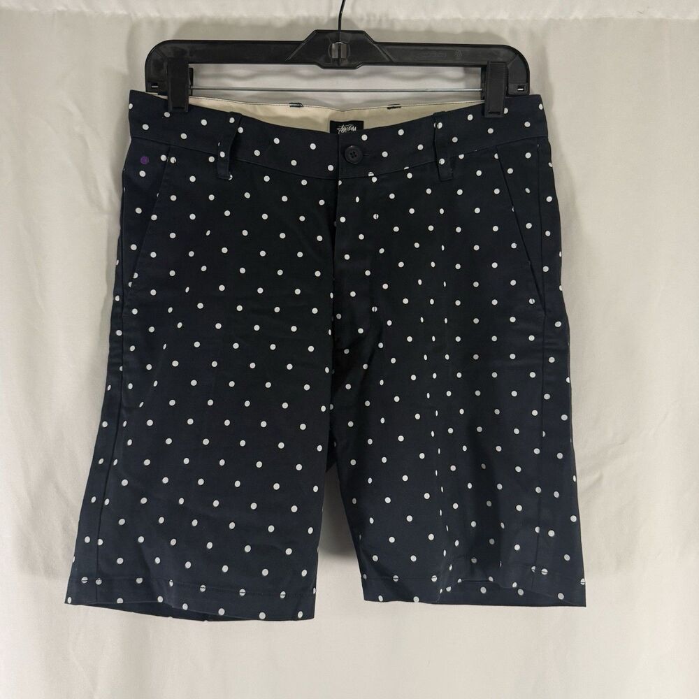 Stussy Shorts Men's 30 Blue Polka Dot Chino Flat Front Slit Pockets Cotton 8" In